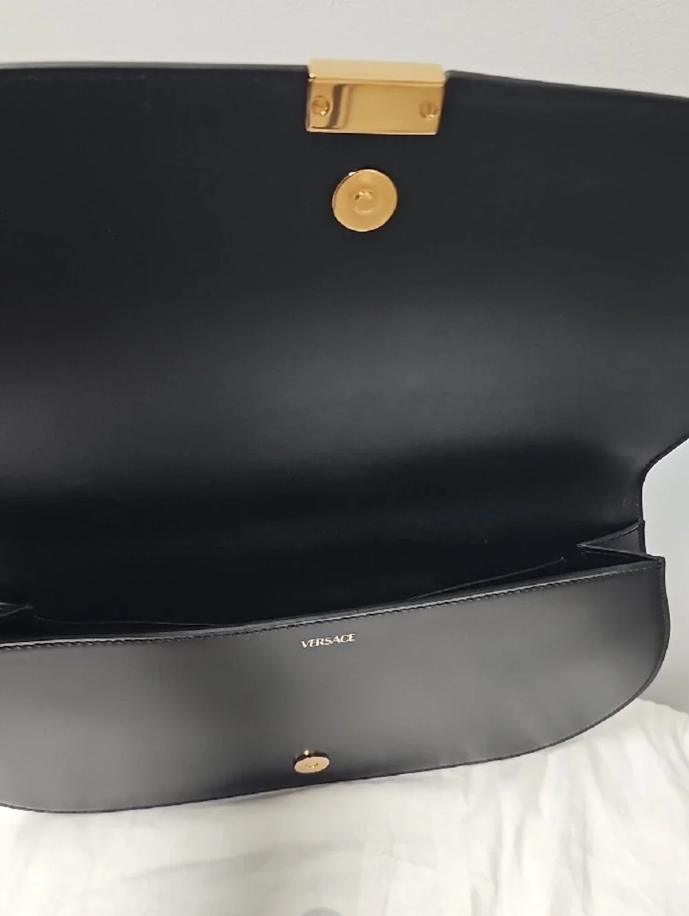 Versace Black Leather Clutch with Gold Greek Key Accent